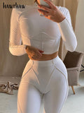 Women Long Sleeve Patchwork Crop Tops Long Pants Two Piece Set Tracksuit 2022 Spring Autumn Clothes Wholesale