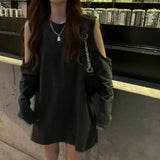 Korean Style Solid Hoodie Women Streetwear Grey Hollow Out Open Shoulder Pullovers O-neck Goth Punk Sweatshirts