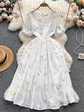 Fashion Sweet Long Sundress Women Square Collar Short Puff Sleeves Embroidery Floral Ruched Zipper Beach Style