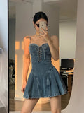 Denim Dress Hip Package Elastic Drawstring Lace Up Spaghetti Starp Mini Bodycon A-line Vestidos Sexy Streetwear