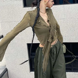 Zingj Girl Long Sleeve T-Shirt Female New Outside Wear V-Neck Perspective Strap Exposed Navel Slim Slim Cardigan Horn Sleeve Jacket-Outfit