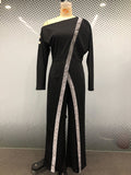 Women's Jumpsuit 2023 Autumn Fashion Rhinestone Cold Shoulder Elegant Plain Long Sleeve Wide Leg Work Long Jumpsuit Office