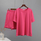 Summer Cotton Sets Women Casual Two Pieces Short Sleeve T Shirts and High Waist Short Pants Solid Outfits