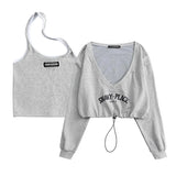 Retro Graffiti Print Letter T Shirt Women Long Sleeve Two Piece Tops Halter Tank+ Pullovers Grunge Aesthetic Tee
