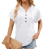 Zingj / Summer 2024 New Hooded Drawstring Button Solid Color Loose T-Shirt Top-Outfit