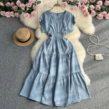 Zingj Gentle Wind Ruffle Collar Dress Female Summer Simple Pure Color Double Flying Sleeve Design Platycodon Grandiflorum First Love