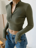 Quarter Zip Crop Rib Knit Sweater- Outfit