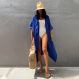 Solid Casual Retro Long Kimono Dress White Tunic Plus Size Women Clothing Becah Dress Vintage Sashes Maxi Dress