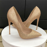 Shallow pumps ladies 12cm high heels fashion pointed toe women's shoes party shoes Bling slip-on women pumps LF018