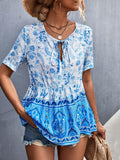 Summer Boho Blouse Women Floral Print Womens Tops And Blouses V Neck Short Sleeve Blouse For
