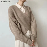 Fashion V-neck Cross Women's Sweater Jumpers Streetwear Loose Knitwear Autumn Winter Solid Female Knitted