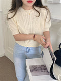 Kitty 2022 Summer Retro All Match Argyle Women Jumpers Pullovers Casual Chic Half Sleeves New Sweet Knitted