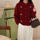 Horn Buckle New Year Red Sweater Cardigan Girl Autumn Winter Loose Lazy Wind New Year Red Knitted Coat