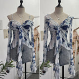 Irregular Kinking Of The Net Yarn Irregularly Kinked Lotus Lobe Slings Shoulder Horn Sleeve T-Shirt Short Top