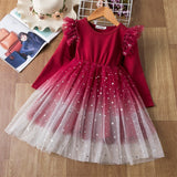 Christmas Dress Girls Winter Dress Embroidery Floral Lace Elegant Mesh Outfits New Year Vestido Infantil Girls Lace