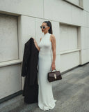 Knitted Turtleneck Pleated Tank Maxi Dress- Outfit