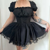 Popular Wrinkle Sweet Bubble Sleeve Collar Dress Summer 2024 Lace Princess