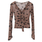 Pink V-Neck Velvet Bow Single Buckle Buckle Coat On The Head Short Long-Sleeved Mesh T-Shirt