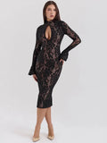 Black Lace Front Slit Long Sleeve Midi Dress- Outfit