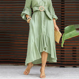 Zingj Dress West Dress Fashion Casual Full Sleeve V-Neck Lapel Solid And Pocket Dress-Outfit