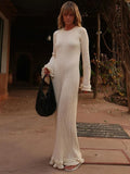 Flared Long Sleeve Round Neck Maxi Dress Women Back Lace Up Fishtail Slim Dresses Summer Fashion Lady Casual