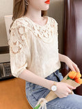Sleeve Casual Summer Blouse Fashion Embroidered Lace Women's Loose Elegant Blue Tops O Neck Flowers Cotton Shirts