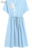 clothes for women Rabbit Embroidery Dress V-neck Drawstring Blue Femininos Vestidos Short Sleeve Elegant Dress 4618