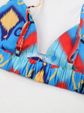 Summer Colorful Print Dress Two Piece Set Sleeveless Sexy Deep V Top High Waist Hollow Dress Suit Beach Vacation Female