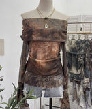 Real Shot Shoulder Strap Tie Dyed Net Shawl Shirt T-Shirt T-Shirt T-Shirt Design Folded Long-Sleeved T-Shirt