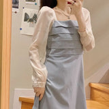 Zingj Plus-Size Temperament Dress Female Fat MM Square Collar Gentle Wind French Tea Break Skirt Closed Waist Show Thin Fairy Skirt-Outfit