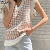 Loose sleeveless vest sweater 2021 autumn winter women's houndstooth knitted vest V-neck sleeveless pullover sweater