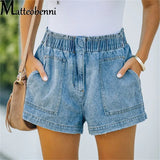 Summer New Blue Women's Denim Shorts Large Size Sexy High Waisted Pocket Jeans Shorts Casual Elastic Waist Streetwear