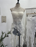 Real Patted Neck Lace Breast Pad Sling Sling Sling Waist Sling Babes Design Feeling Ribbon Mid-Long Blouse