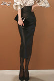 Spring Summer Midi Black Soft Pu Leather Pencil Skirt Women with Back Slit High Waist High Quality Office Clothing