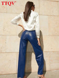 Casual Blue Pu Leather Women's Pants 2022 Autumn Elegant High Waisted Pockets Trousers Fashion Streetwear Straight