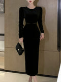 Velvet Black Midi Dress Women Elegant Chic Designer Long Sleeve Dress Sexy Casual Evening Party Formal Occasion Dress