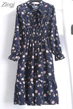 Floral Print Women Dress Female Autumn Long Sleeve Vintage Chiffon Bow Tie Neck Office Lady Shirt Dress Summer