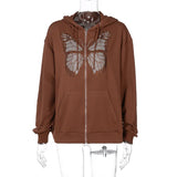 Y2K Fashion Oversized Butterfly Graphic Rhinestone Zip Up Hoodies E-girl 90s Streetwear Diamond Grey Long Jacket