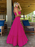 Fashion New Women's Sexy Vacation Dress Solid Long Dress Cut Out Exposed Waist High Slit Suspender Long