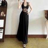2025 Summer New Women's Style Sexy Lace Hollow Splicing Long Sleeveless Dress