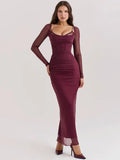 Burgundy Sheer Long Sleeve Bodycon Maxi Dress- Outfit