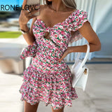 Women Elegant One Shoulder Ruffle Sleeves Disty Floral Print Mini Bodycon Hollow Out
