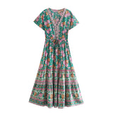 Queens Women Red Floral Print Bat Sleeve Beach Bohemian Dresses Ladies V Neck Tassel Summer Boho Dress
