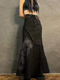 SUCHCUTE Dark Academic Midi Skirts Women Y2K Harajuku Dragon Print Grunge Fairycore Skirt Gothic Bnadage High Waist Black