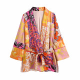 Casual Printed Women Long Blouse With Belt Loose Shirt High Waist Kimono Summer Shorts 2 pieces Optional Set