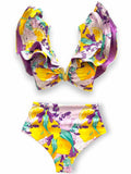 Sexy Ruffle Bikinis Women Swimsuit Print High Waist Swimwear Off The Shoulder Bathing Suit Beachwear Bandeau