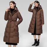 Down Cotton-Padded Jacket Female Long Knee Hooded Cotton-Padded Jacket Female Winter Long Cotton-Padded Jacket Waist Belt Hooded Coat Thick-Outfit