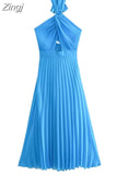 2023 Woman Halter Long Dress Women Cut Out Blue Backless Dress Woman Pleated Off Shoulder Summer Elegant Party