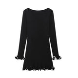 Wood Ear Curly Knitted Dress Long Sleeve Dress 2025 Spring Temperament Crash Color Repair Mini
