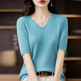 Zingj The Summer Of 2023, Women's Knit Short Sleeve Korean V-Neck Solid Color T-Shirt And A Pit Top-Outfit